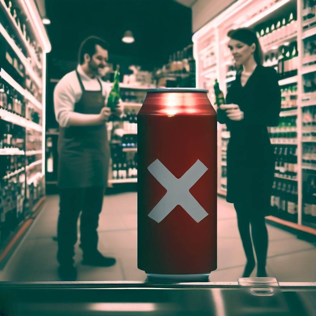 Two store employees stand by a life-size beer can with a X on it, representing Bud Light becoming taboo to drink.