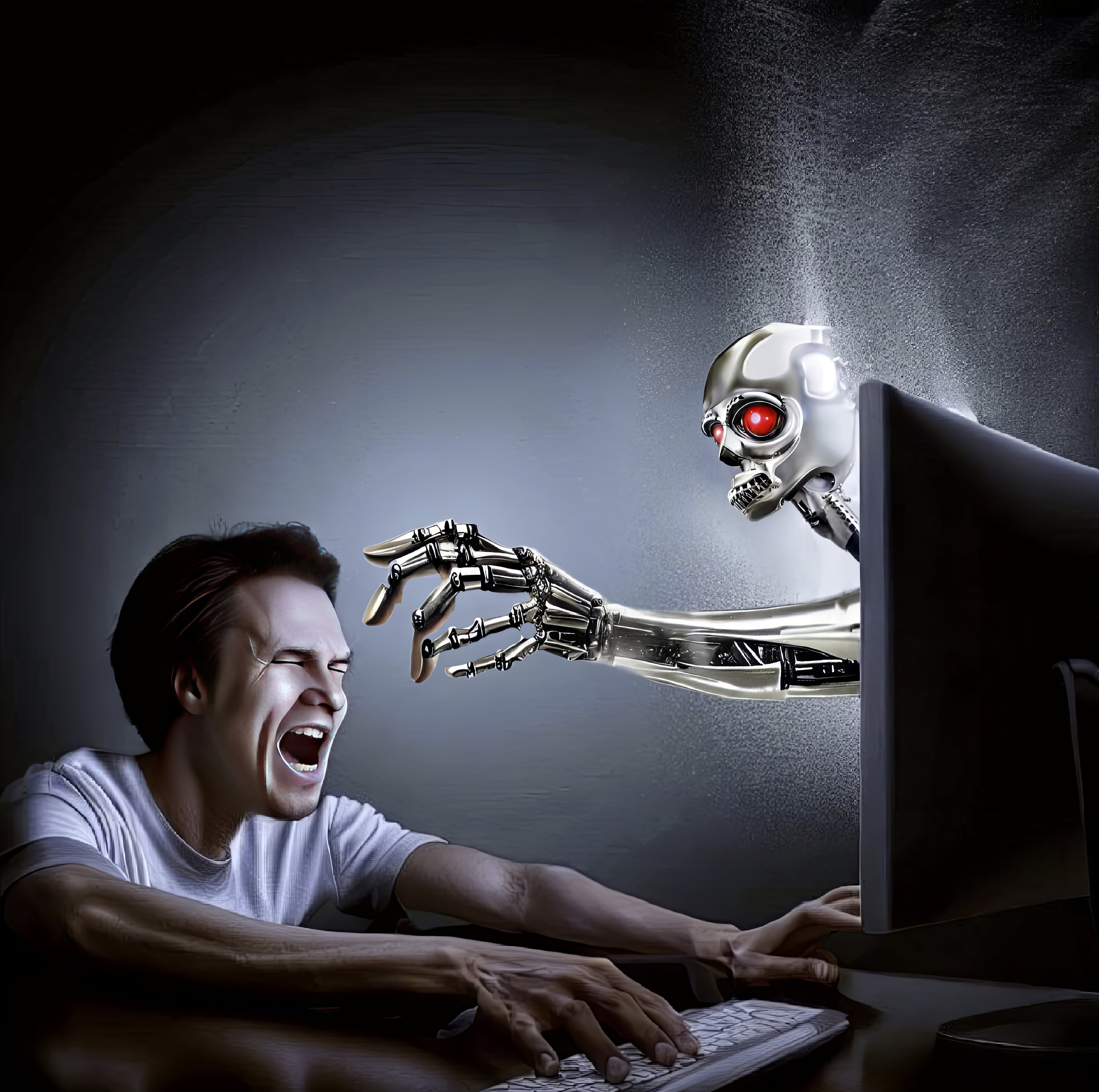 A Terminator-like robot hand and head pop of a screen towards a scared young man.