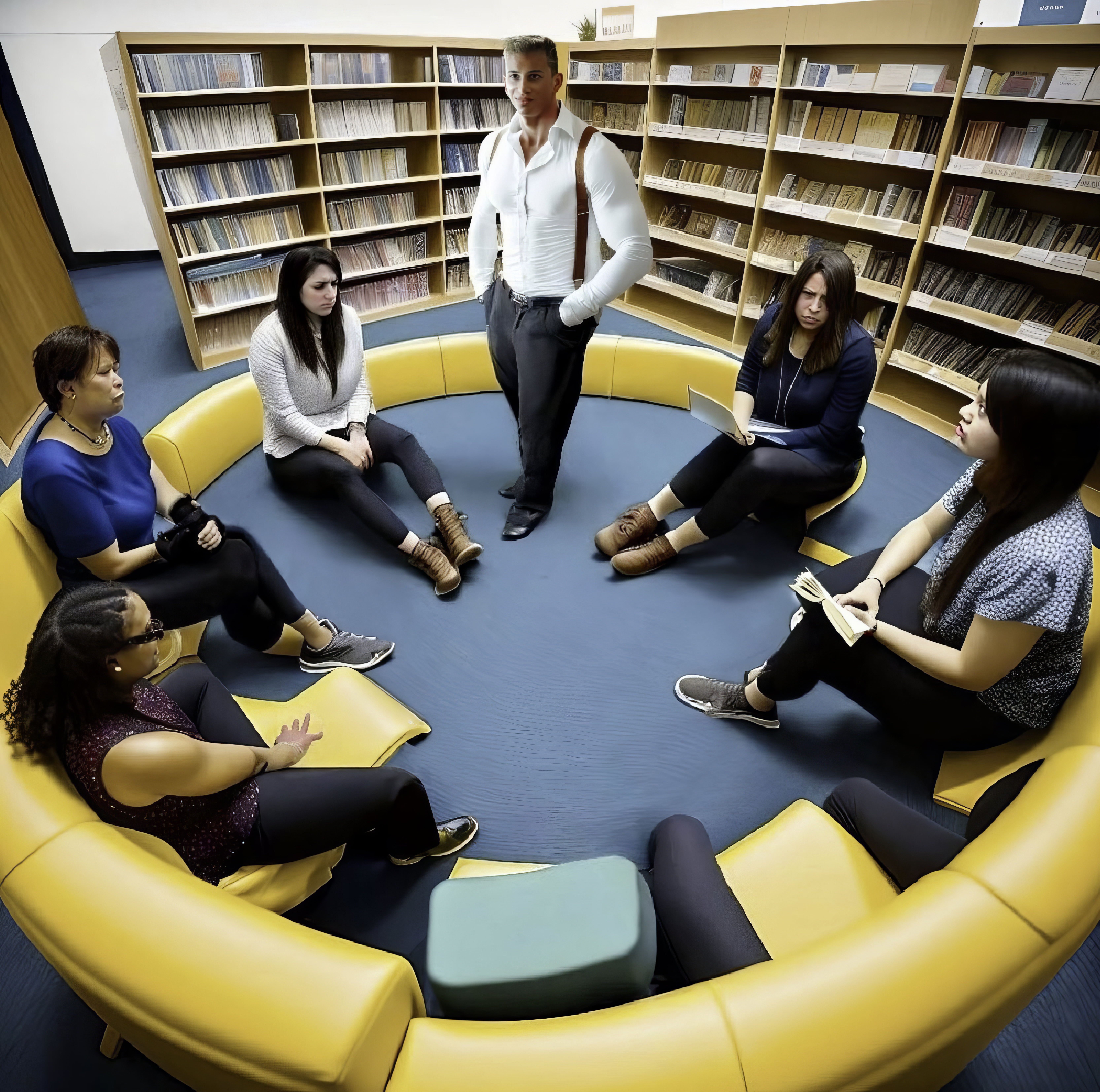 Women sitting in a semi-circle in a library for a book club. A young man hovers over them.