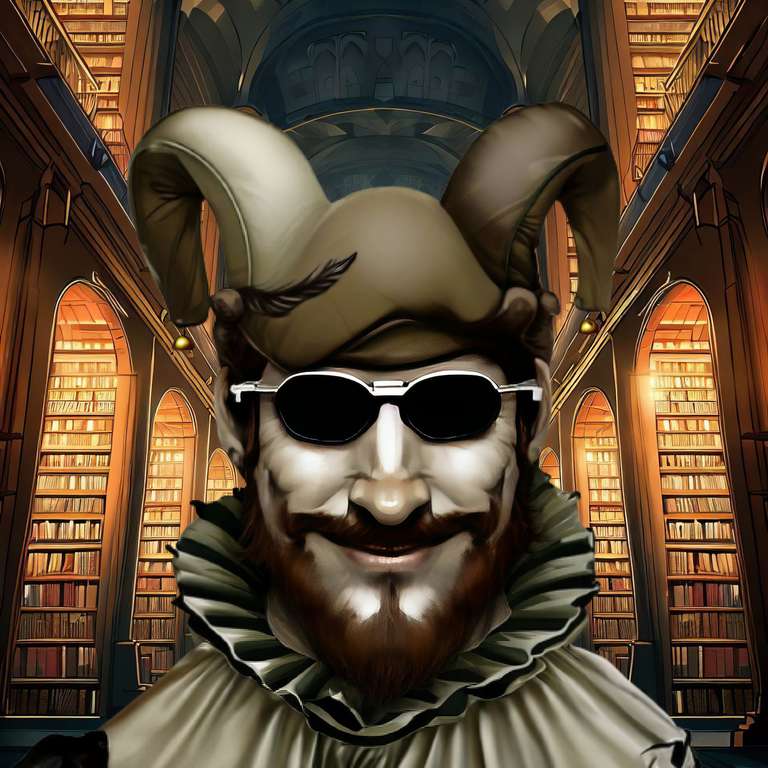 Harley Worthington dressed as a jester in a university library.