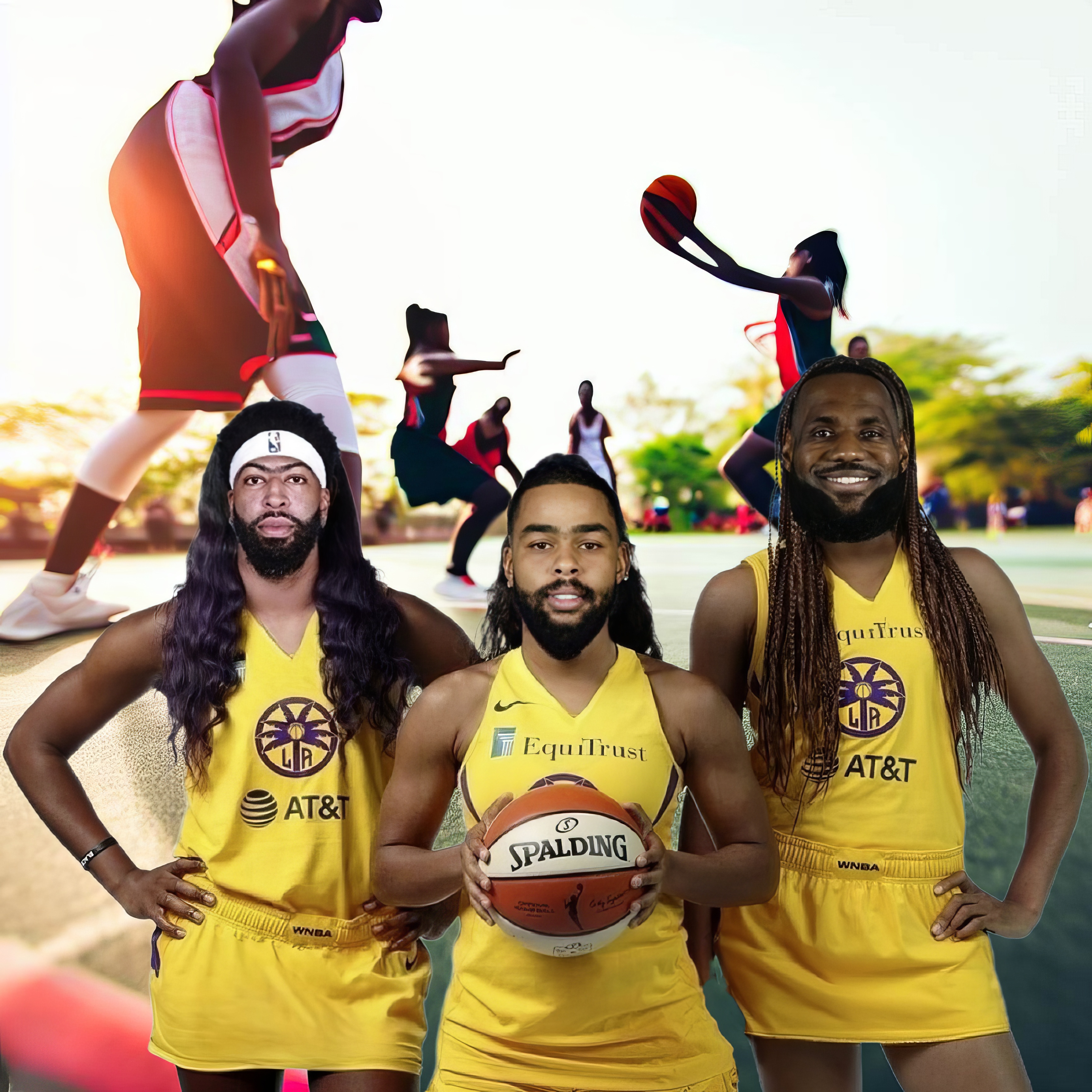 LA Lakers basketball players dressed as WNBA players.