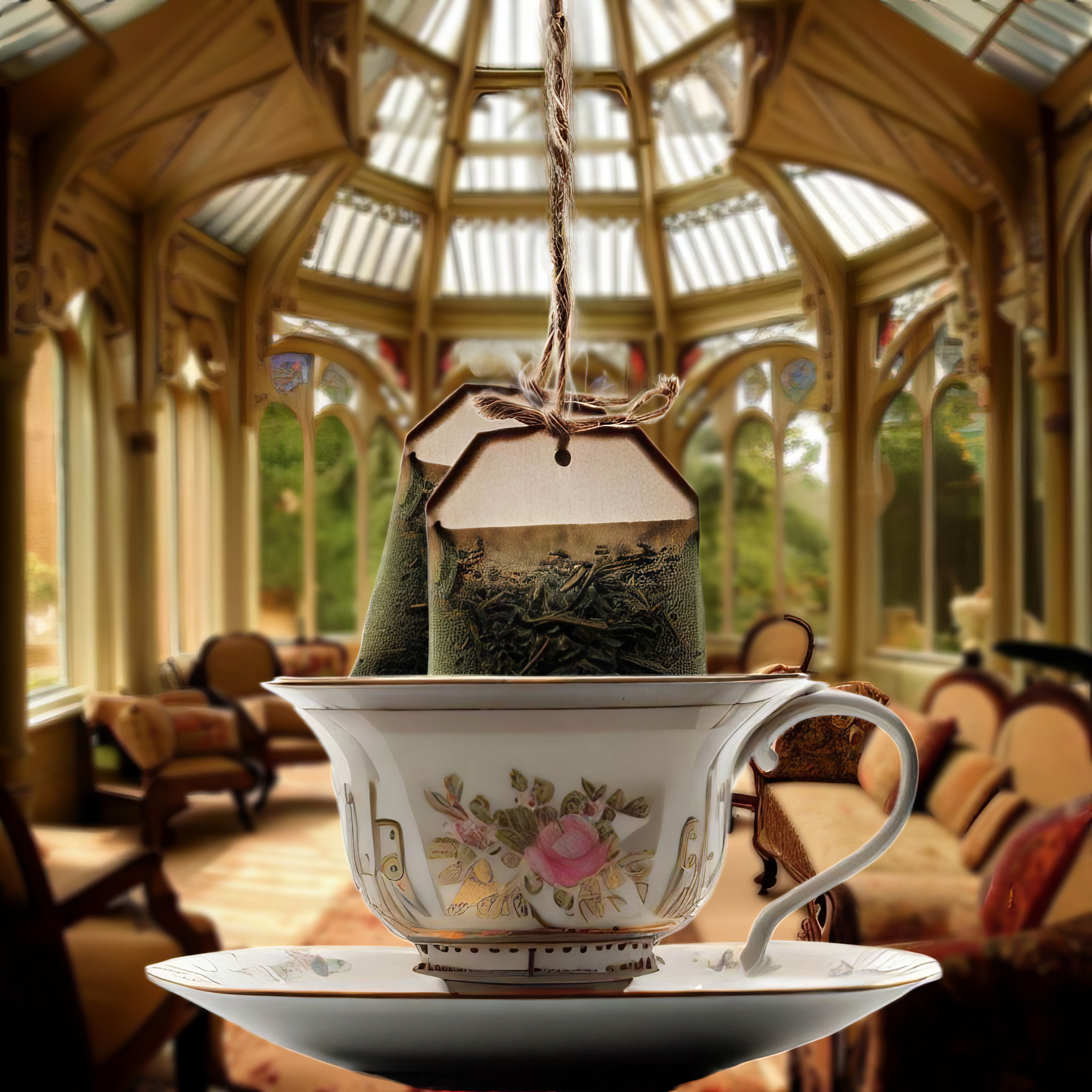 Two tea bags dipping in a teacup in a posh Victorian sunroom.