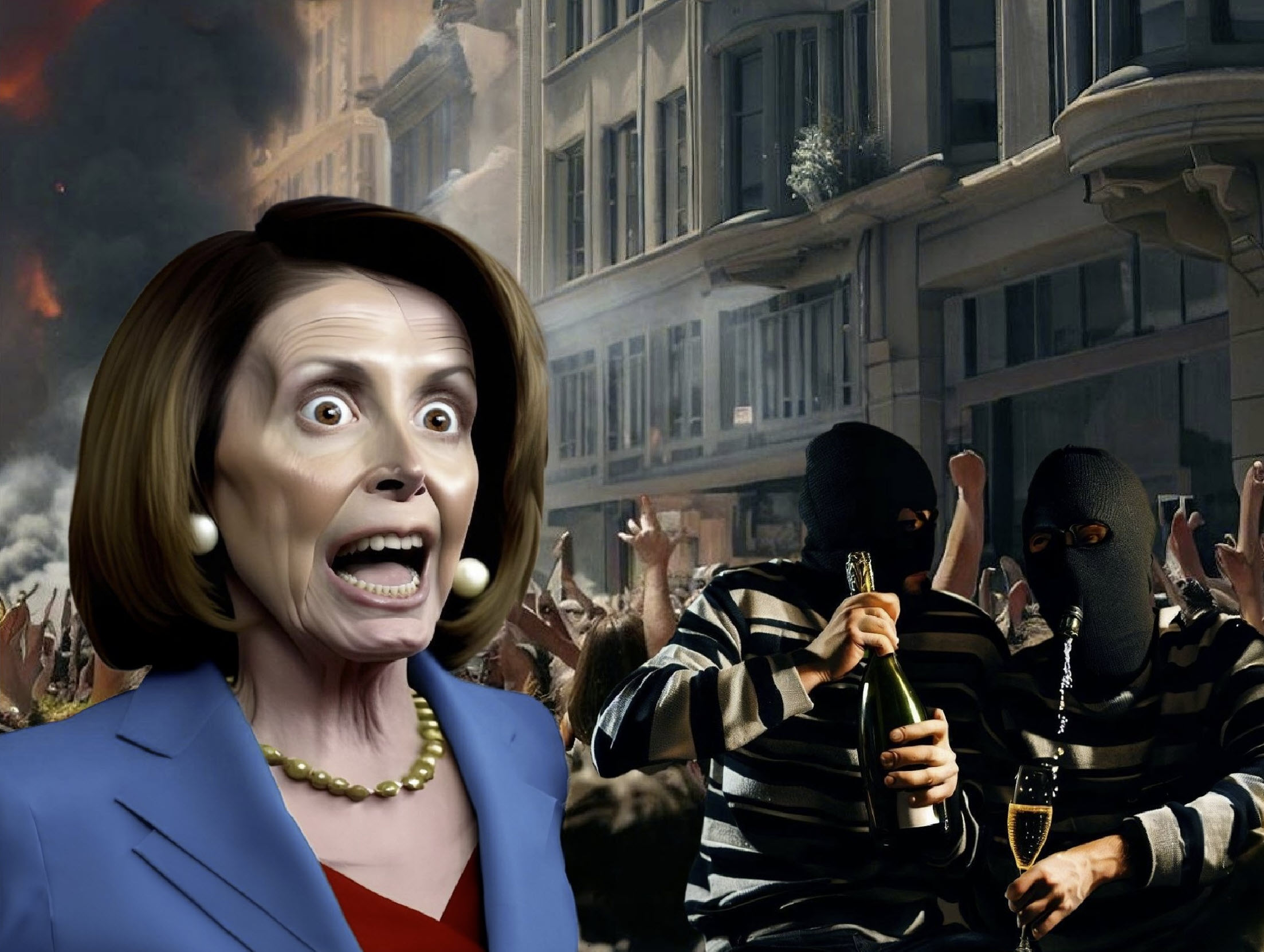 Nancy Pelosi looking surprised as criminals celebrate and destroy San Francisco.