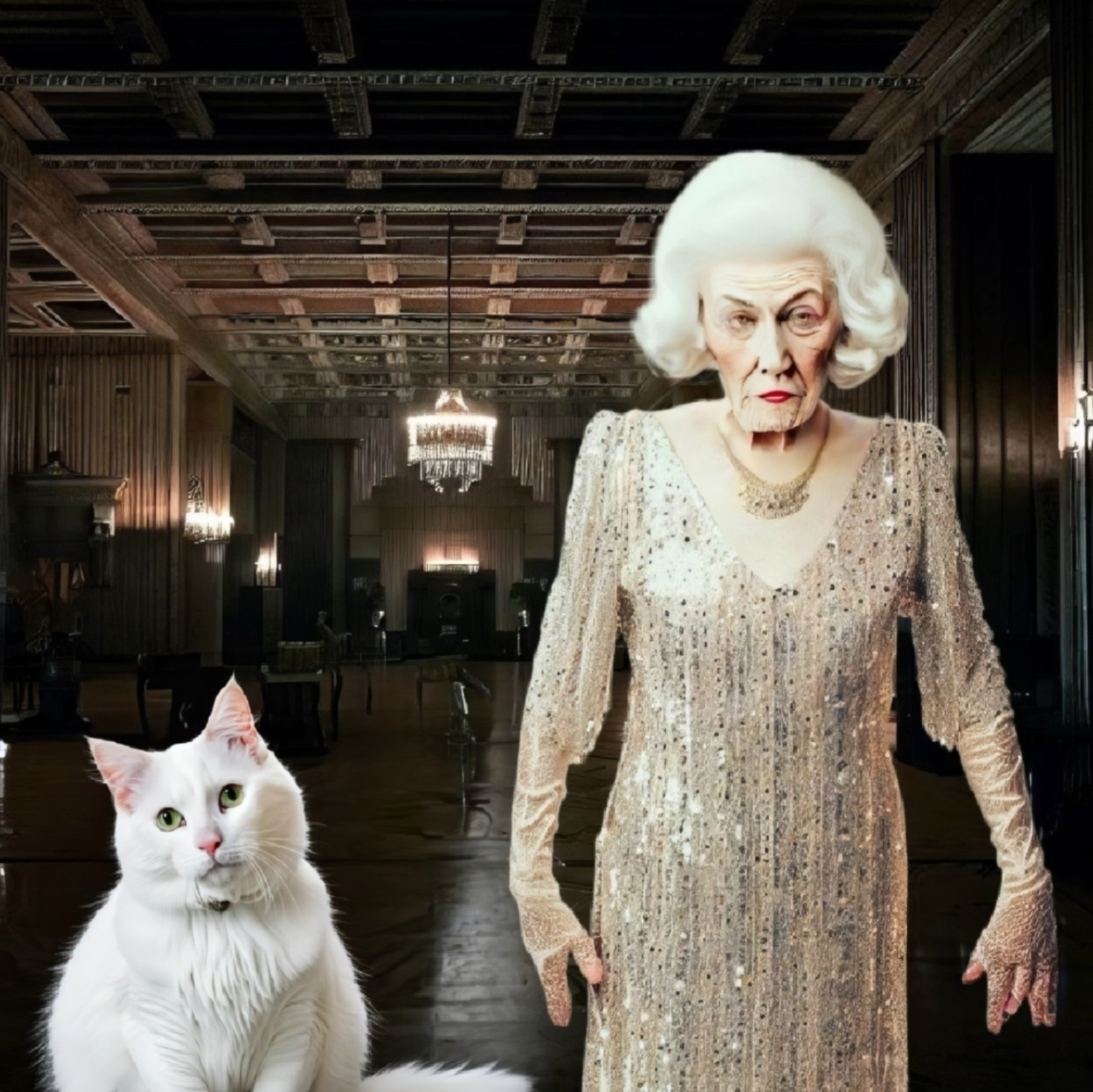 An elderly elegantly dressed lady in her mansion with her white cat.