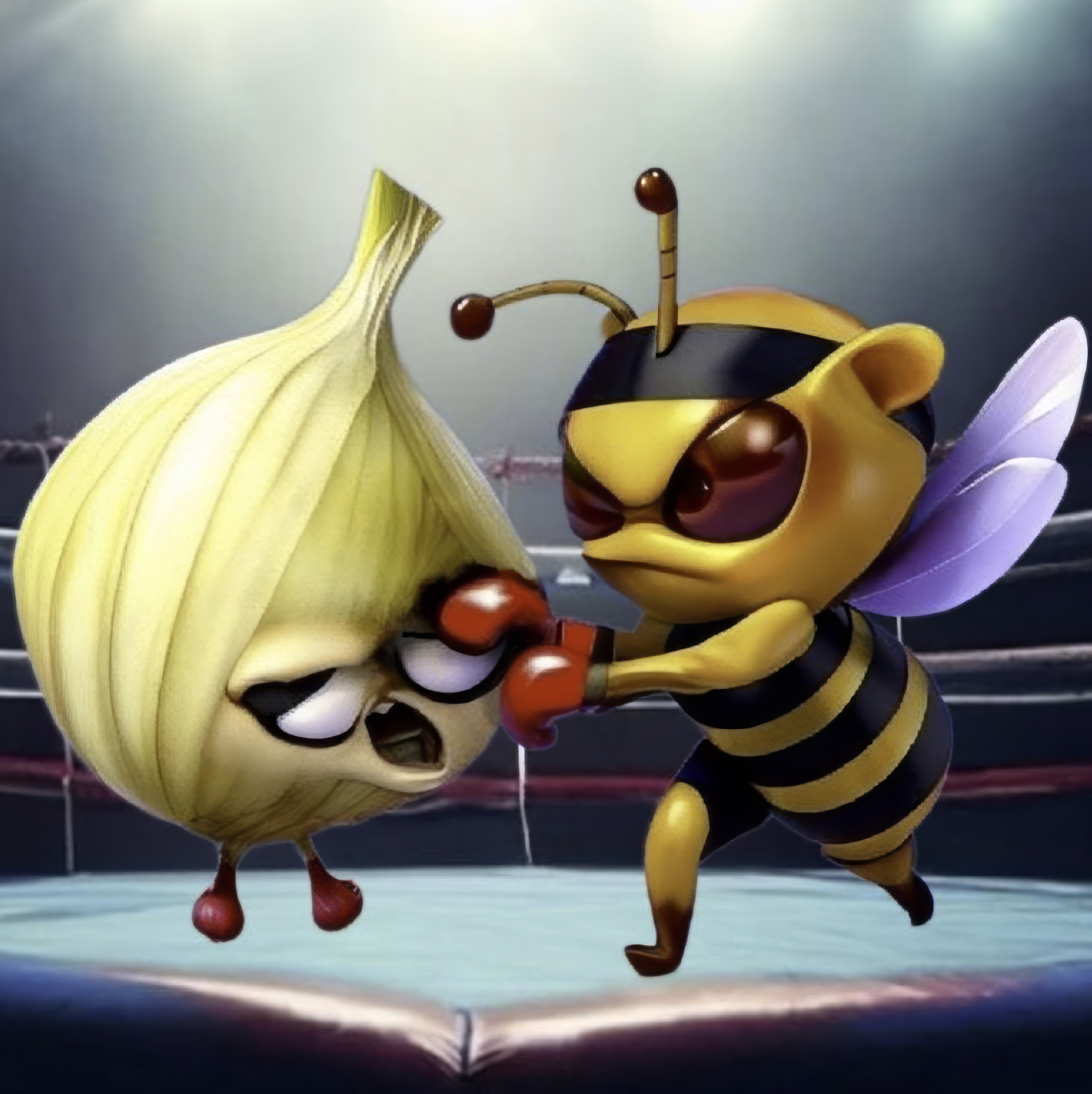 A bee knocking out an onion in a boxing ring.