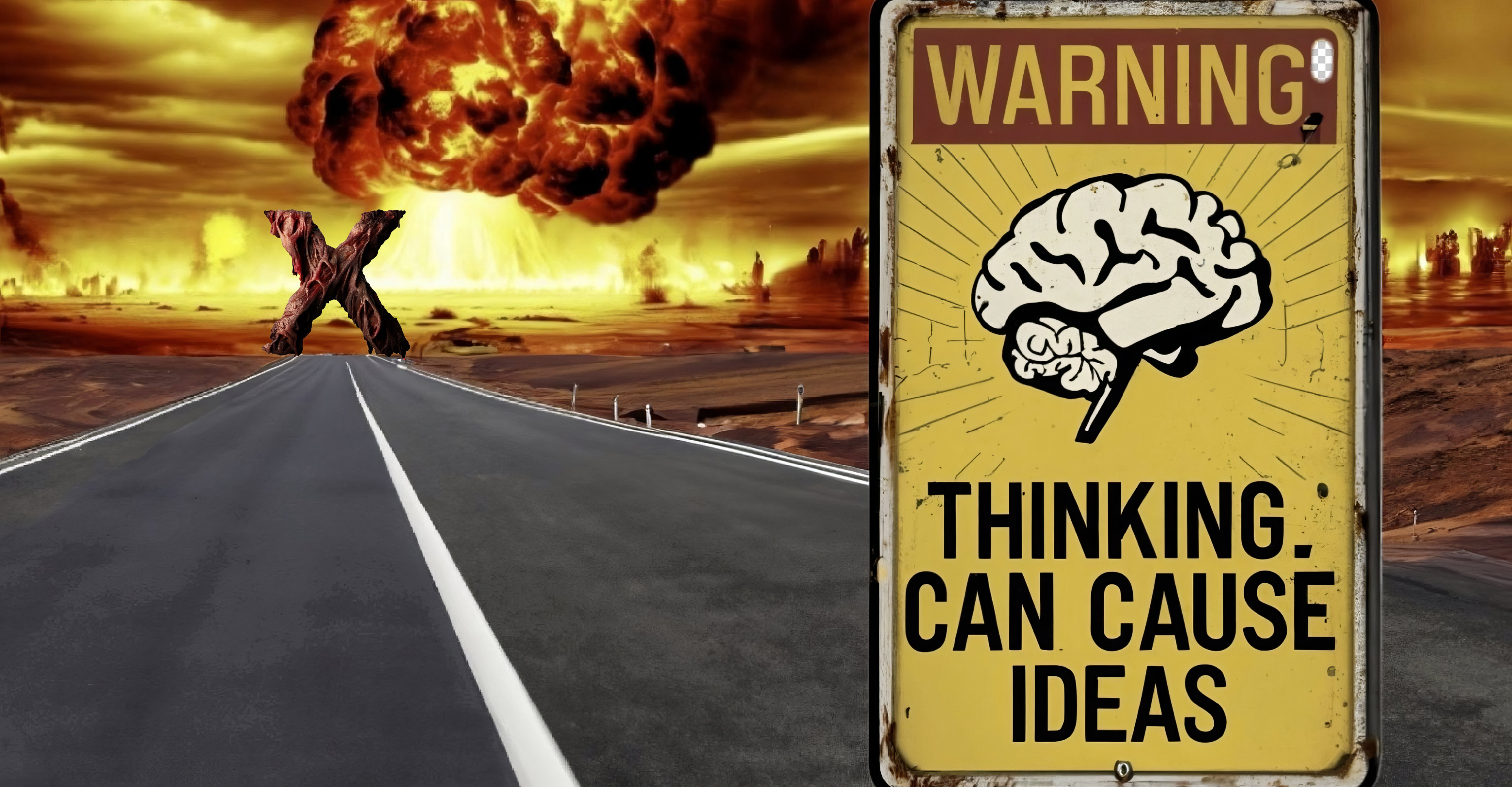 A road heading towards a nuclear apocalypse. A sign reads "Warning: Thinking can Cause Ideas".
