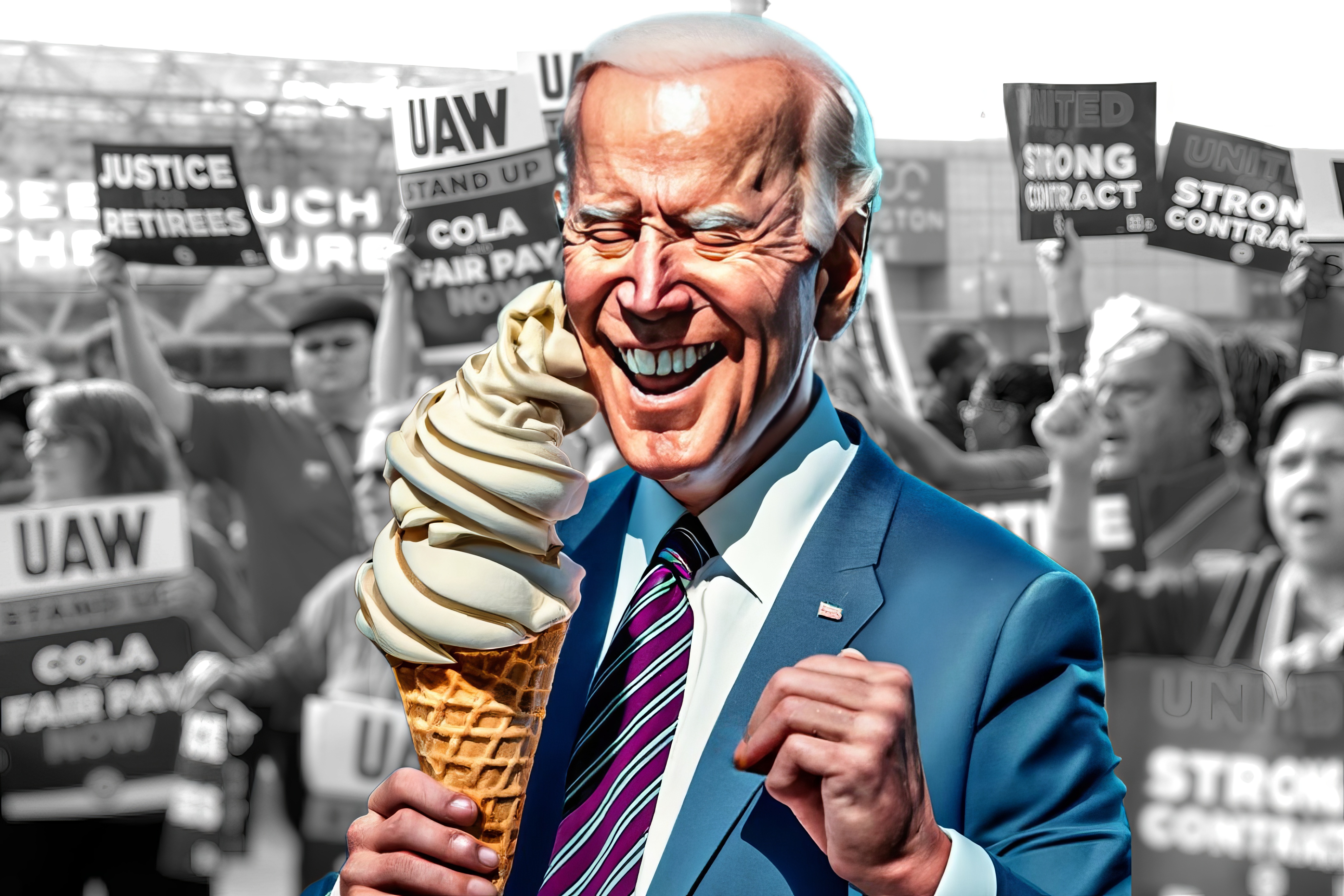 President Joe Biden eating ice cream at a UAW protest.