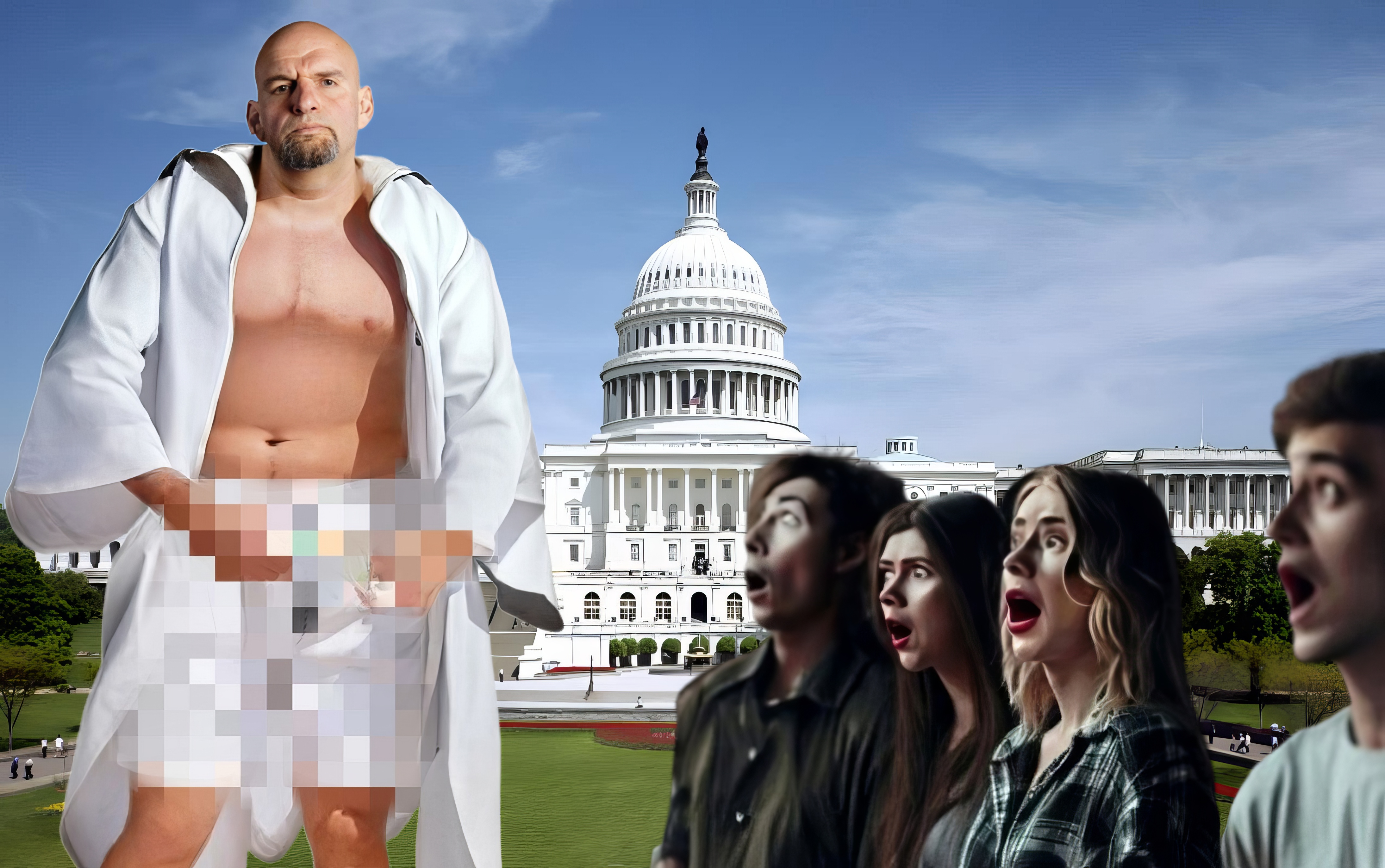 John Fetterman in a bathrobe with a pixelated crotch. Young people stare in horror. Background is the Capitol building.