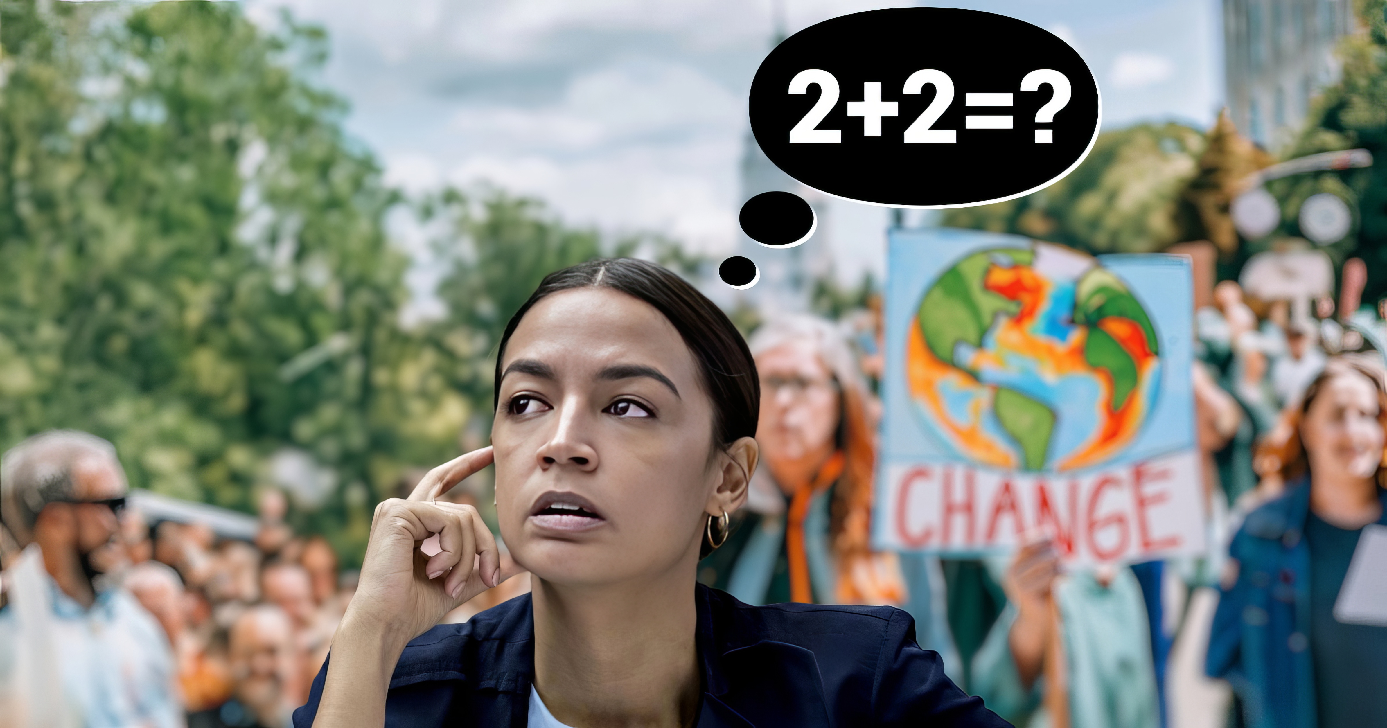 Alexandria Ocasio-Cortez pondering the answer to 2+2 in a thought bubble at a climate rally in background.