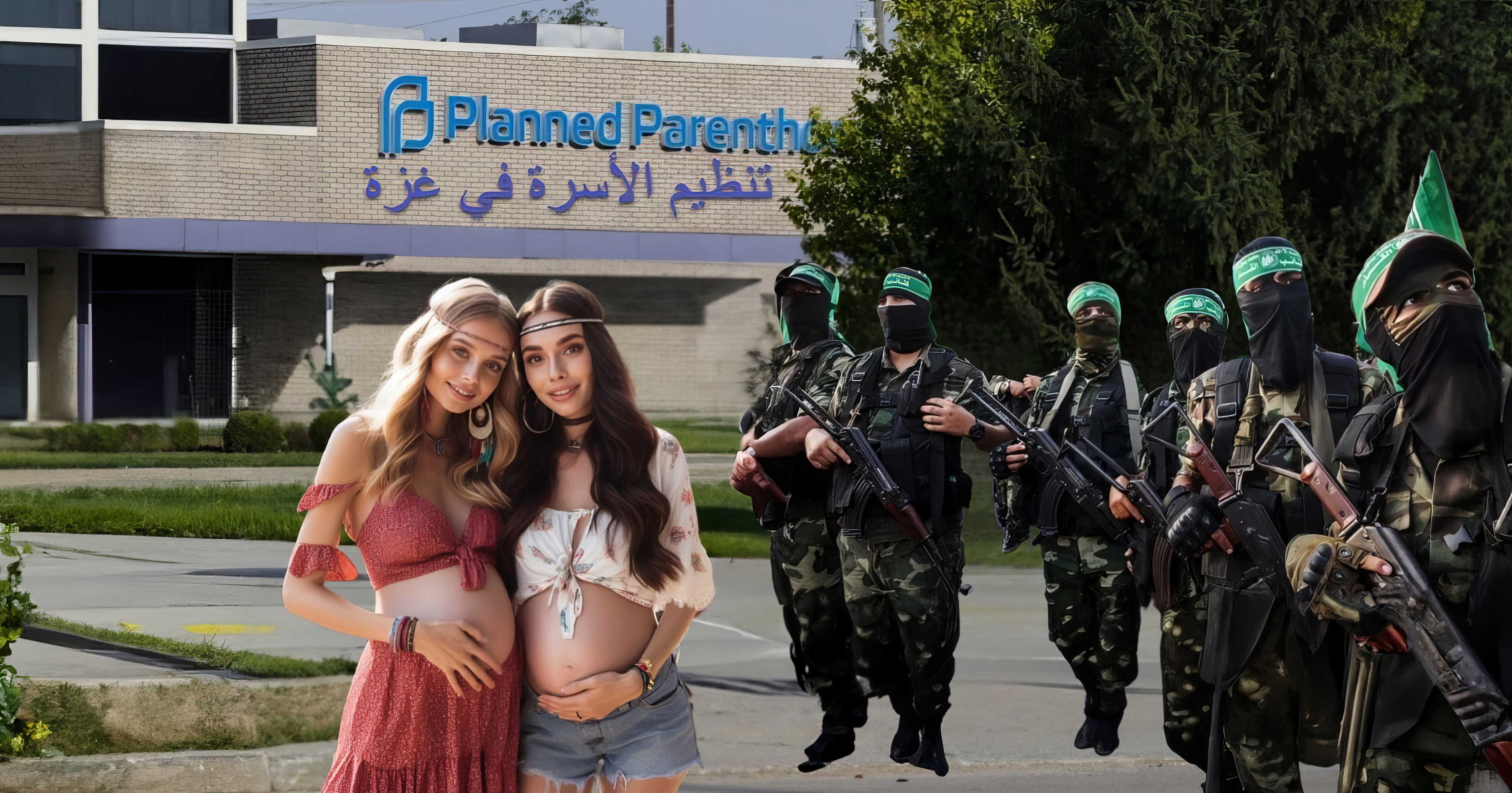 Two pregnant hippie young girls and three arab men in traditional dress in front of Planned Parenthood of Gaza.