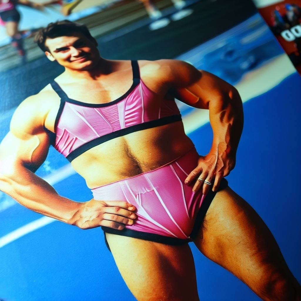 A buff man in a pink bikini.