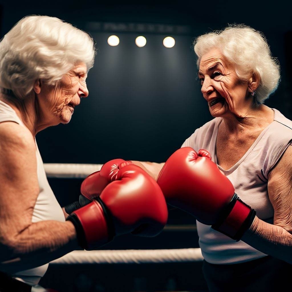 Two elderly grey-haired ladies boxing each other.