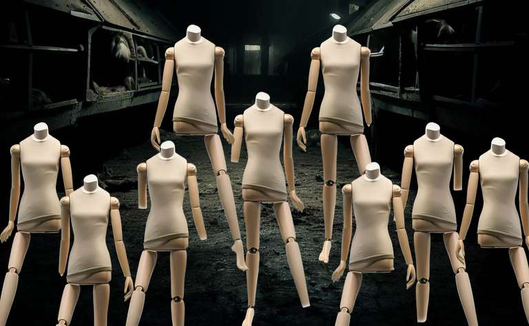 Mannequins in a slaughterhouse with limbs missing.