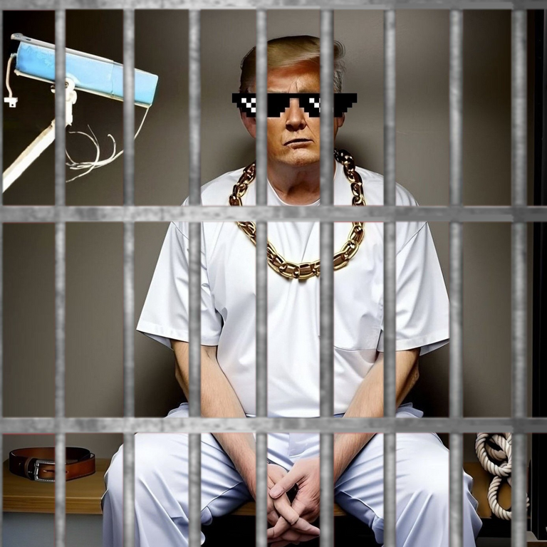 Donald Trump in a prison cell wearing a gold chain and thug life shades, with a broken video camera aimed at him.