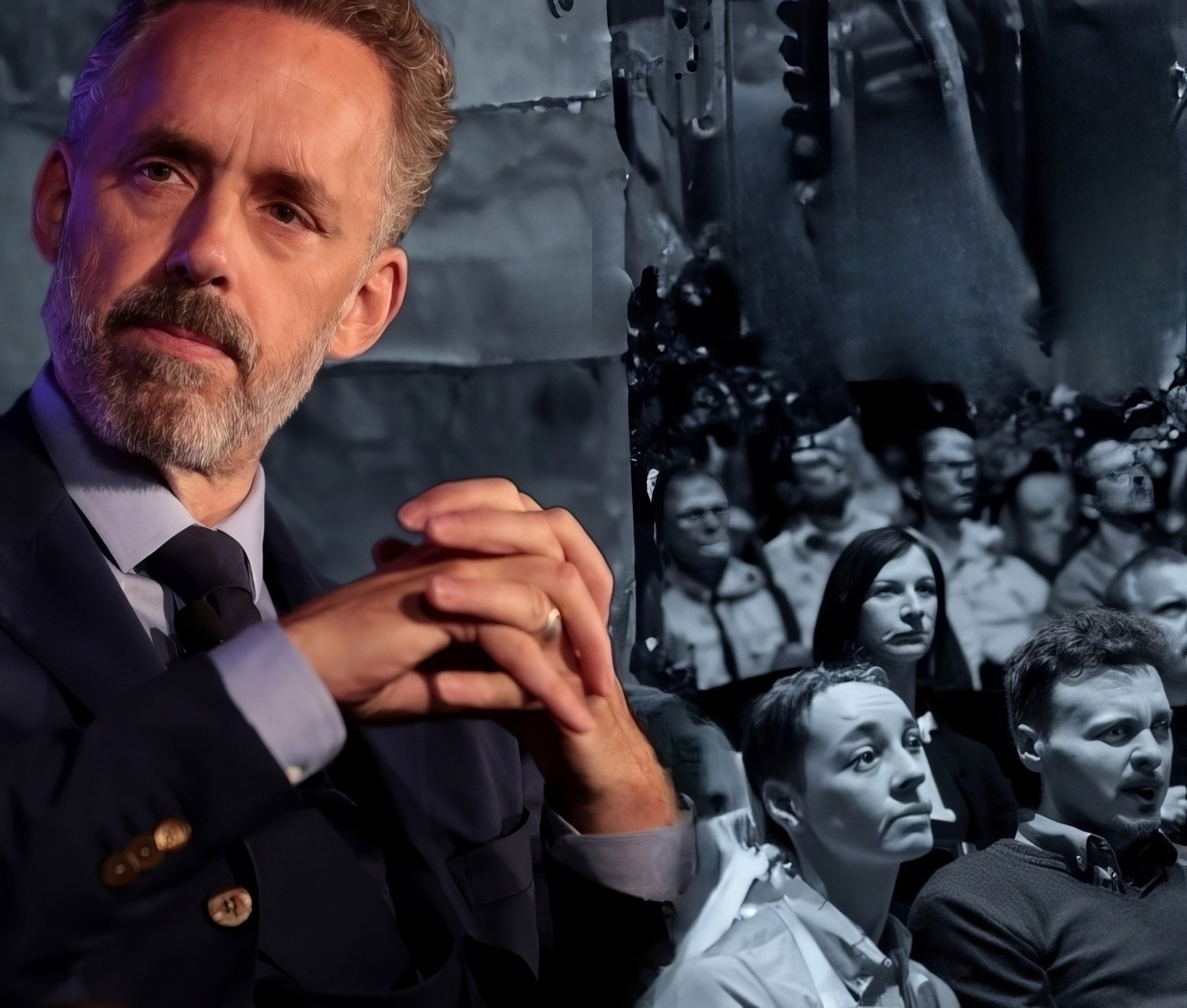 Dr. Jordan Peterson looking stoic in front of a captivated and agitated audience.