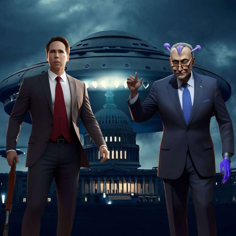 Senator Josh Hawley with Senator Chuck Schumer as a purple alien standing in front of a spaceship hovering over ongress.