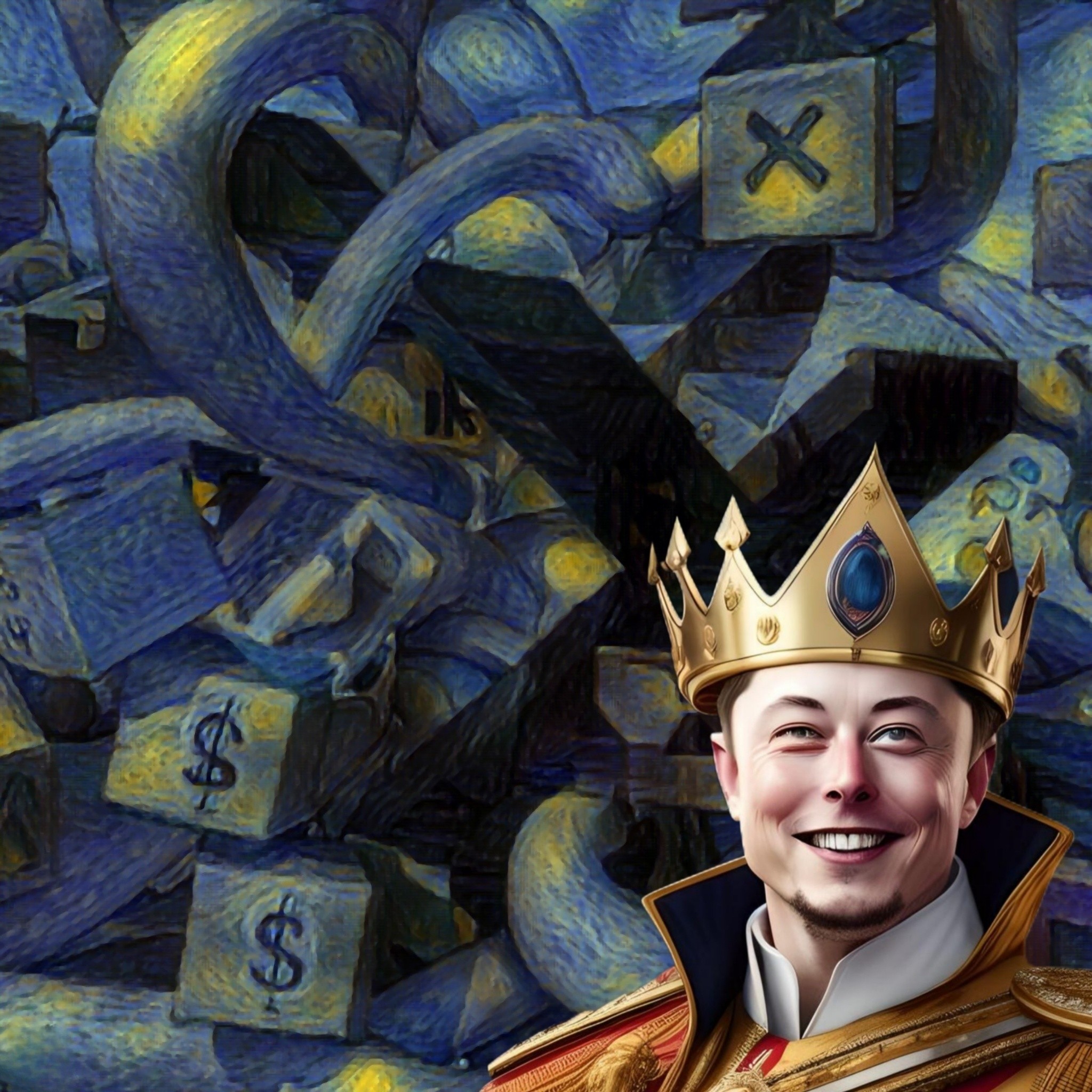Elon Musk wearing a crown against a Van-Gogh stylized painting of blocks with dollar sign and a large letter 'X'.