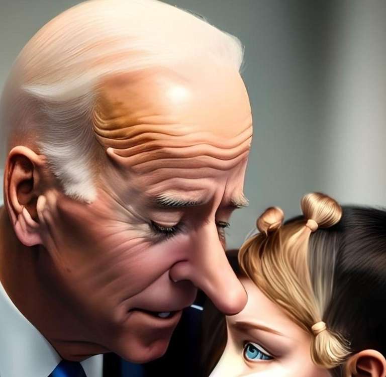 President Joe Biden wih an extra long nose sniffing a young girl.
