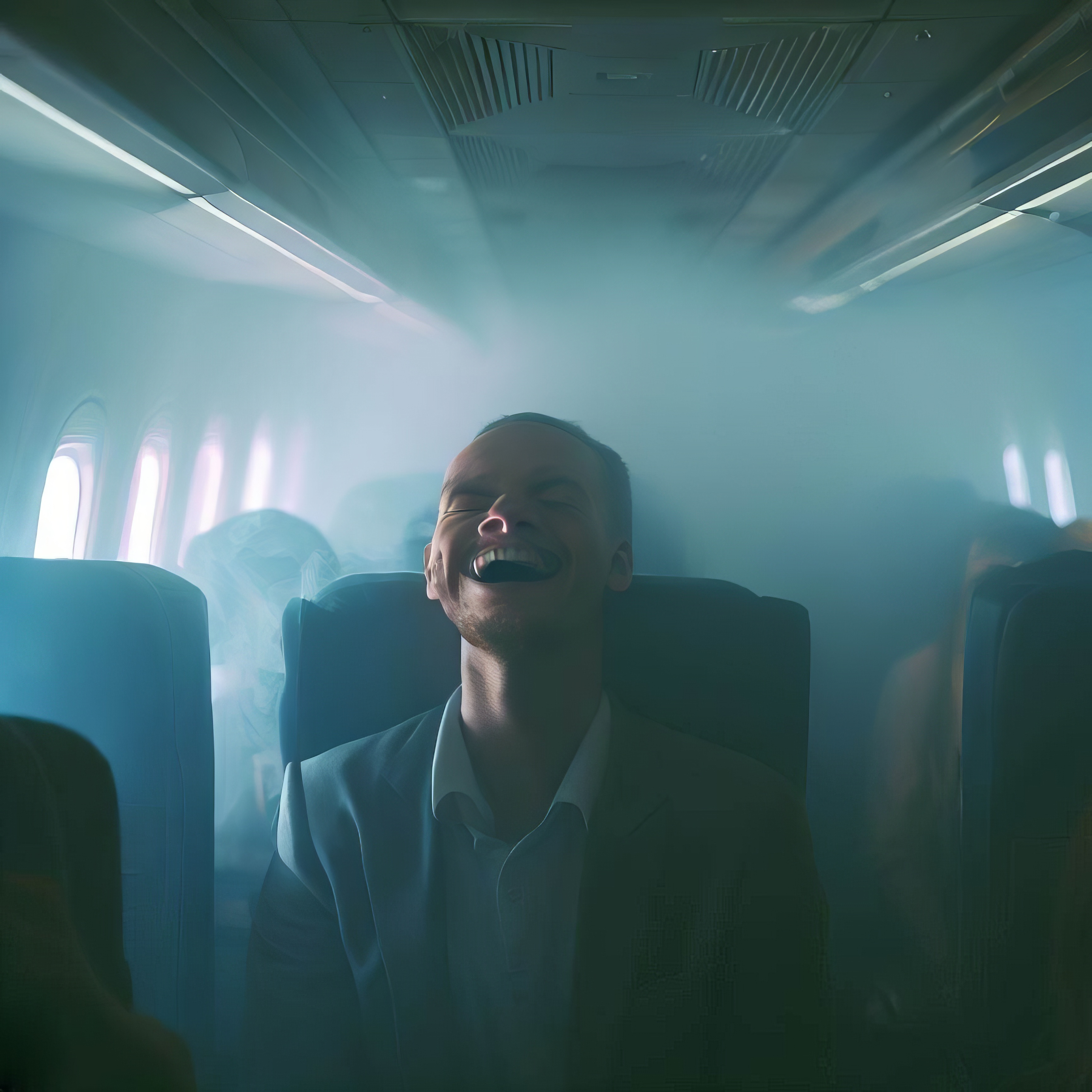 Man laughing on airplan in a cloudy haze of cannabis smoke.