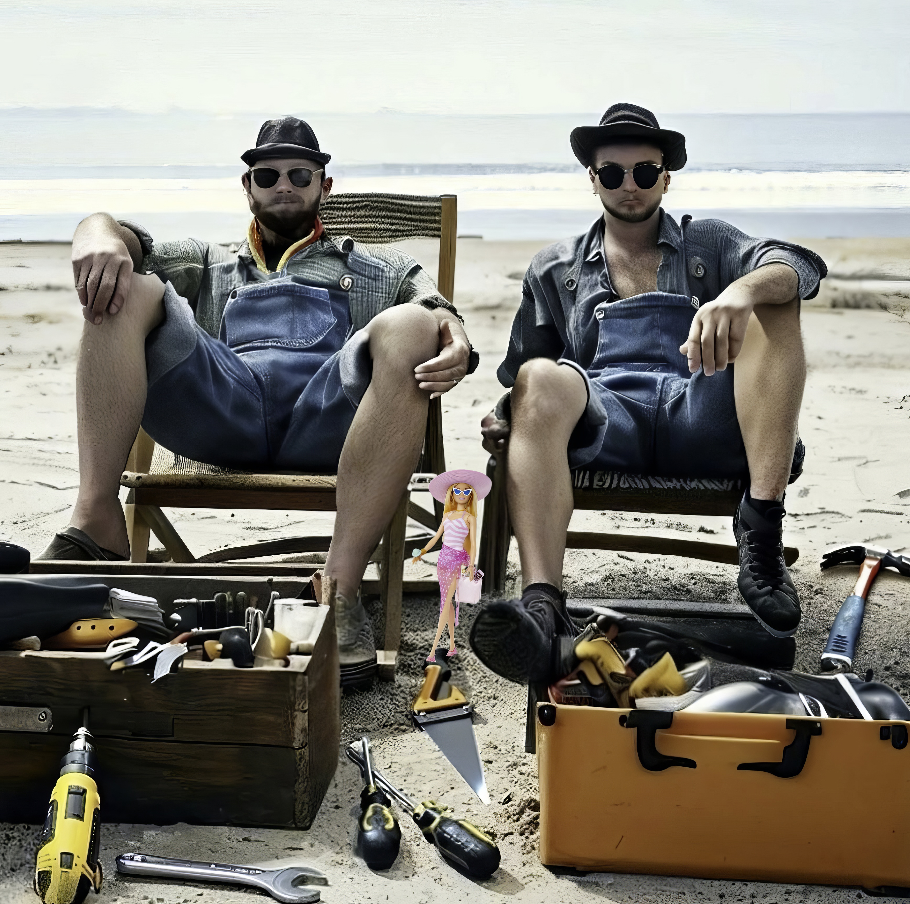 Two tradesmen sitting on a beach in shorts with their tools.