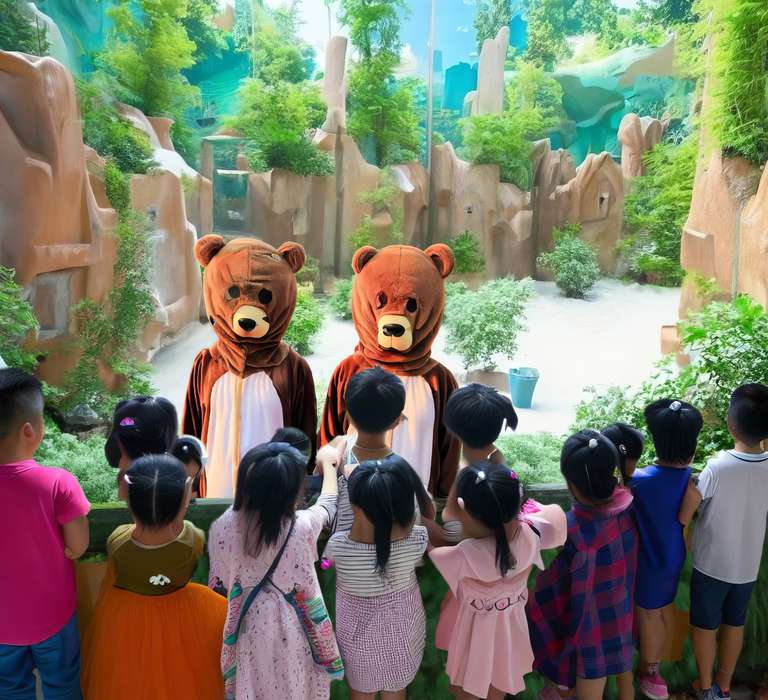 Chinese children at a zoo in Chiina looking at two people in a bear costume.