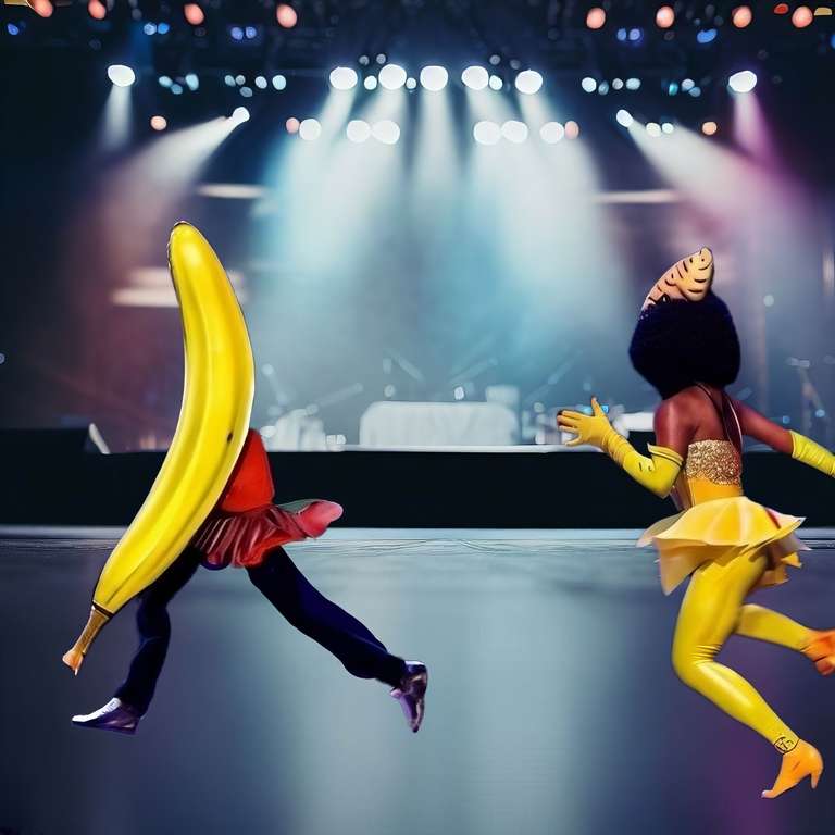 A dancer on stage chasing another dancer in a banana costume.