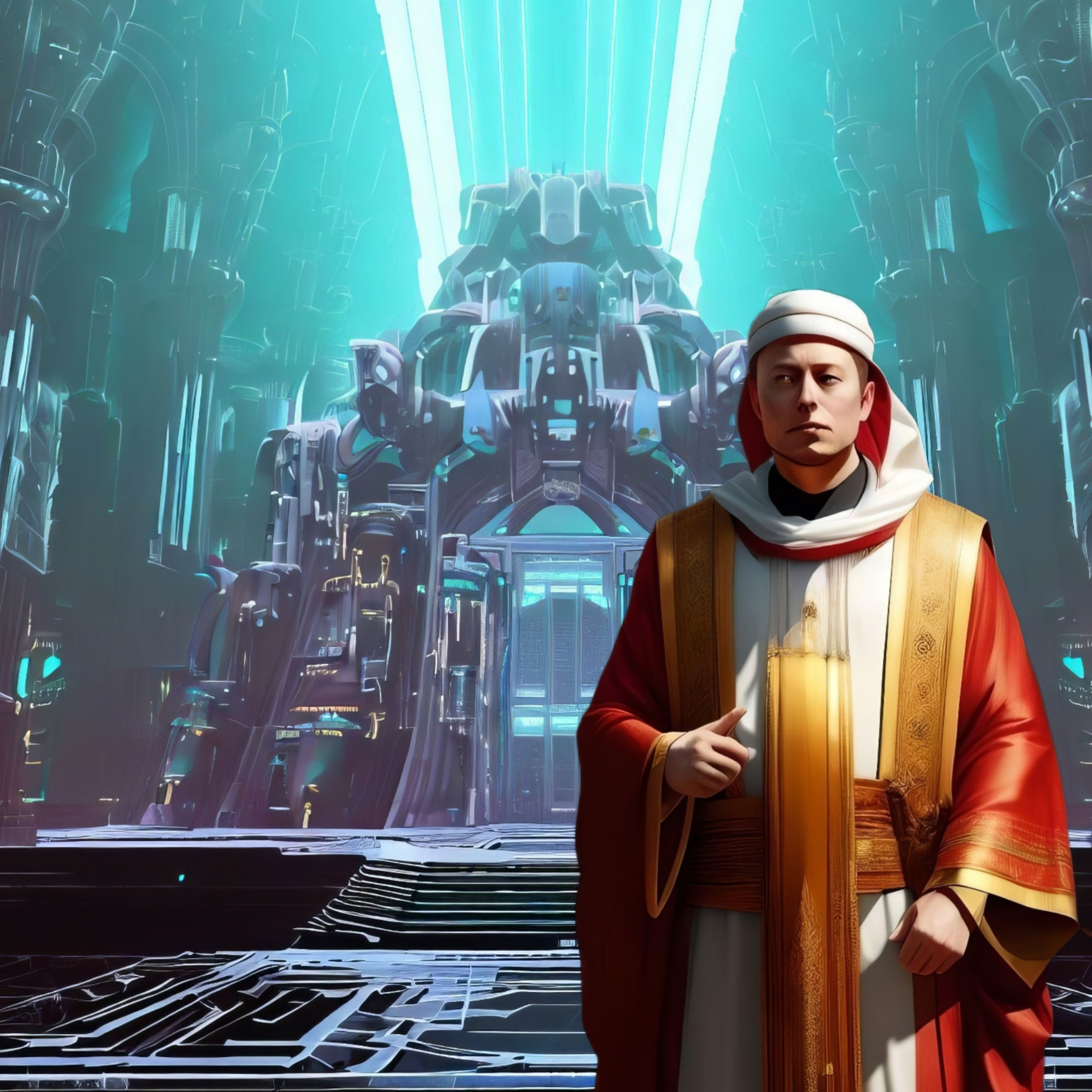 Elon Musk dressed in ambiguous religious garb in front of a cyber temple.