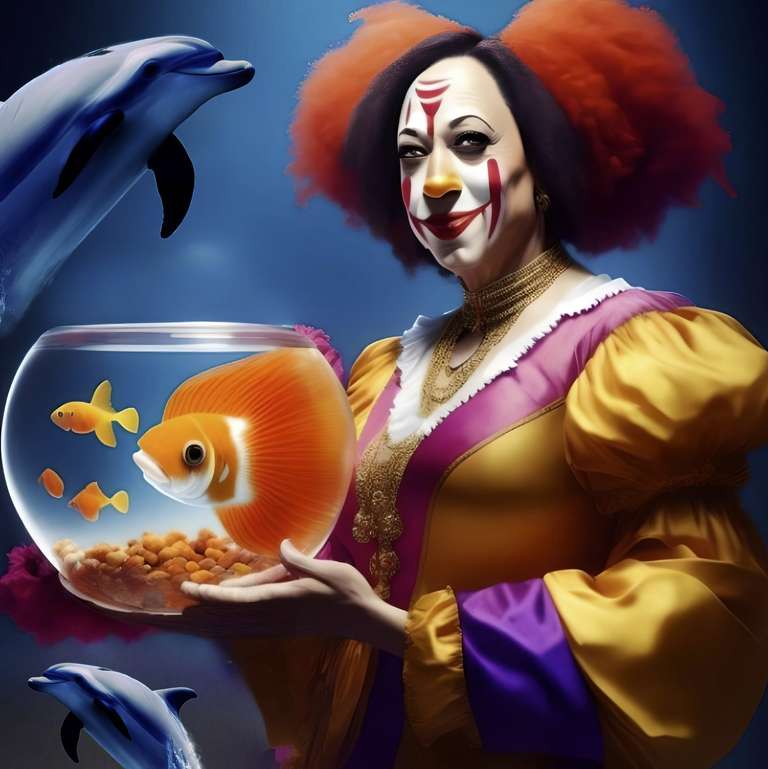 VP Kamala Harris dressed as a clown holding a fishbowl. A dolphin soars in the background.