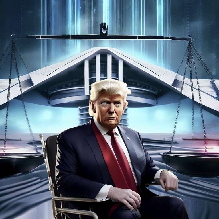 Trump as 104-year-old man in a wheelchair in front of a futuristic courthouse in the year 2050