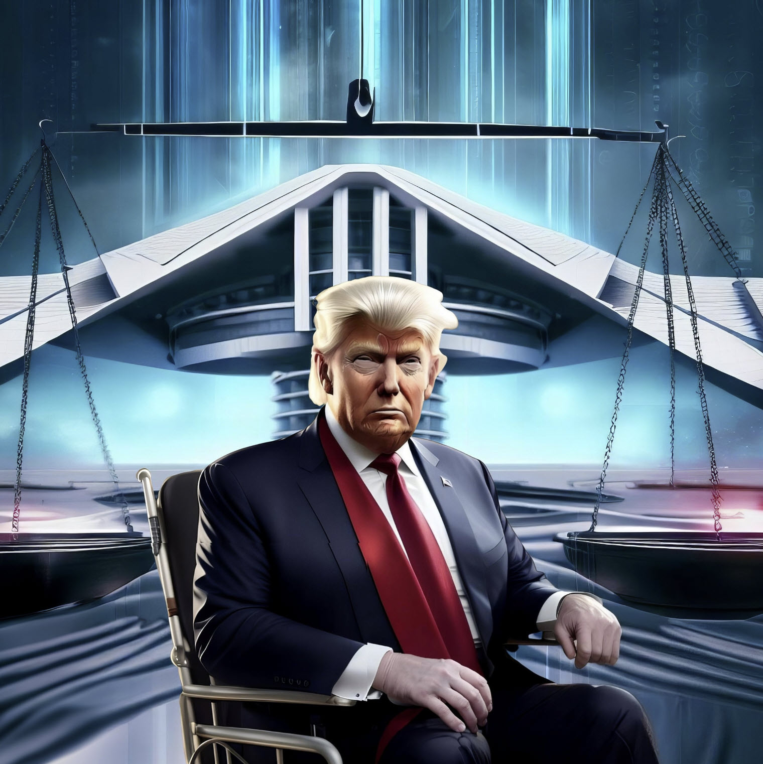 Trump as 104-year-old man in a wheelchair in front of a futuristic courthouse in the year 2050