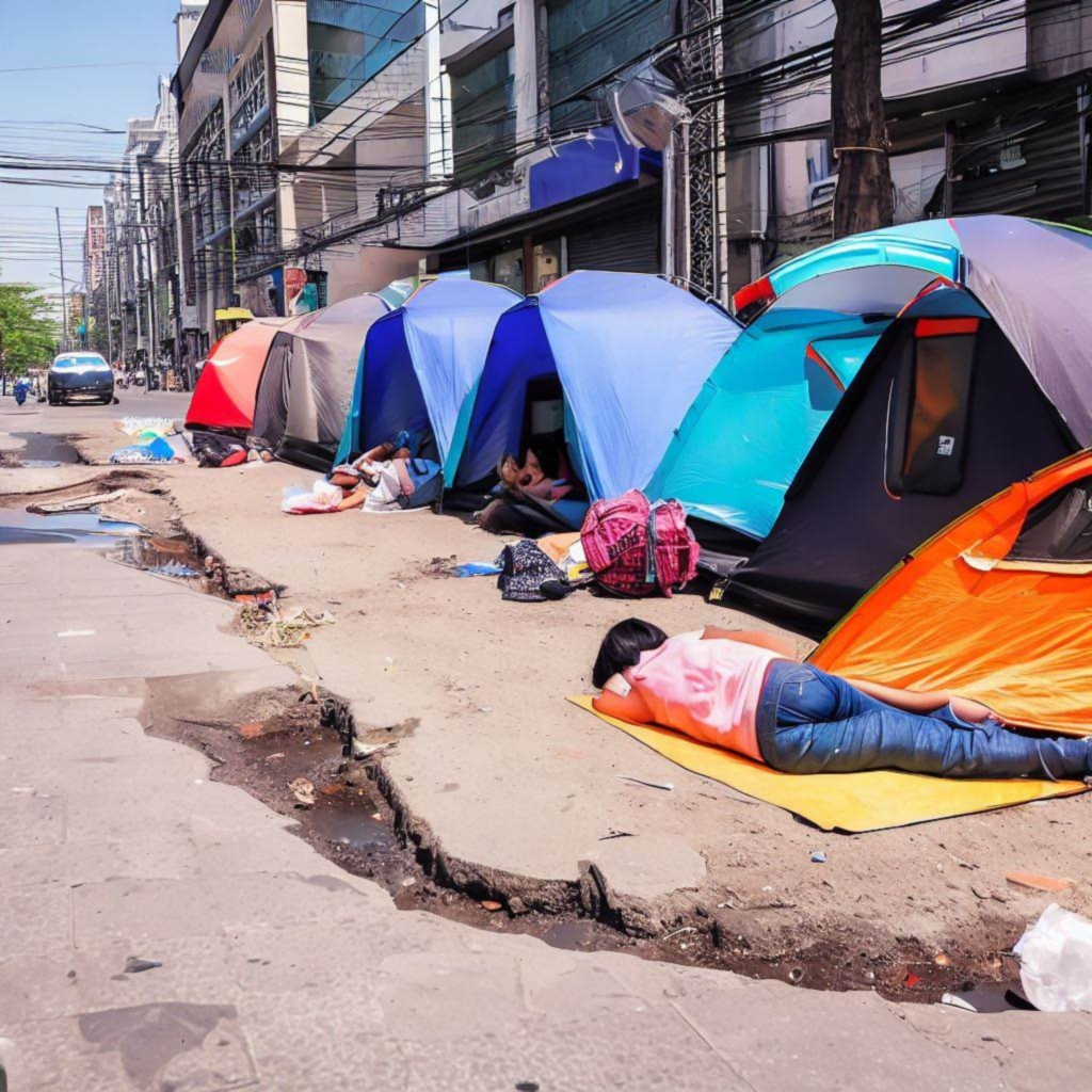 Homless tents on an urban broken sidewalk. A woman lies in front of a tent.