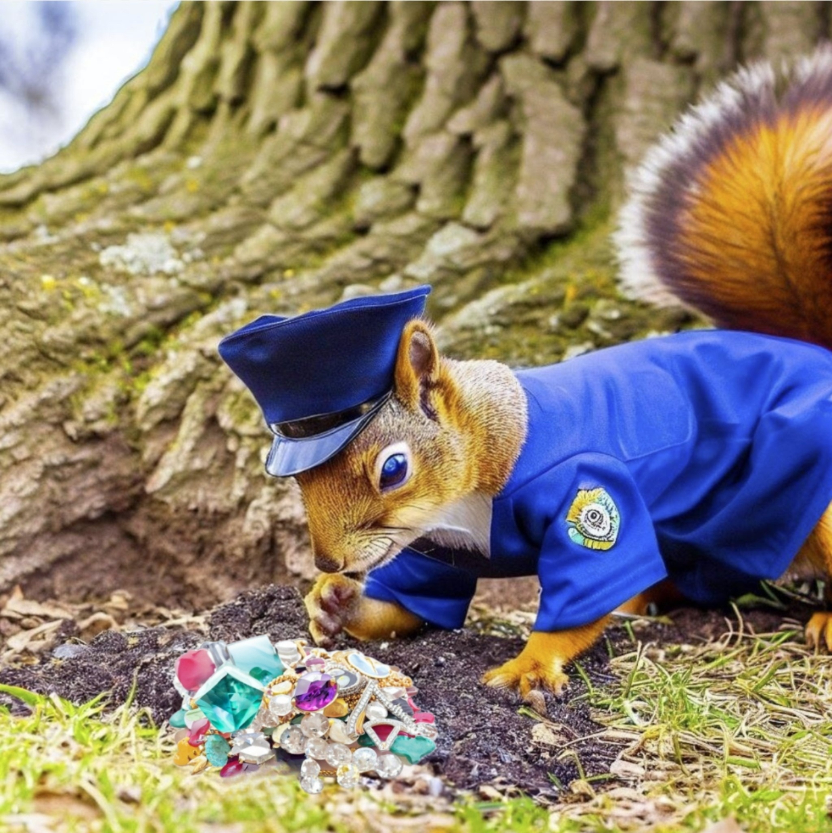 A squirrel in a police uniform digging for stolen jewels by a tree.