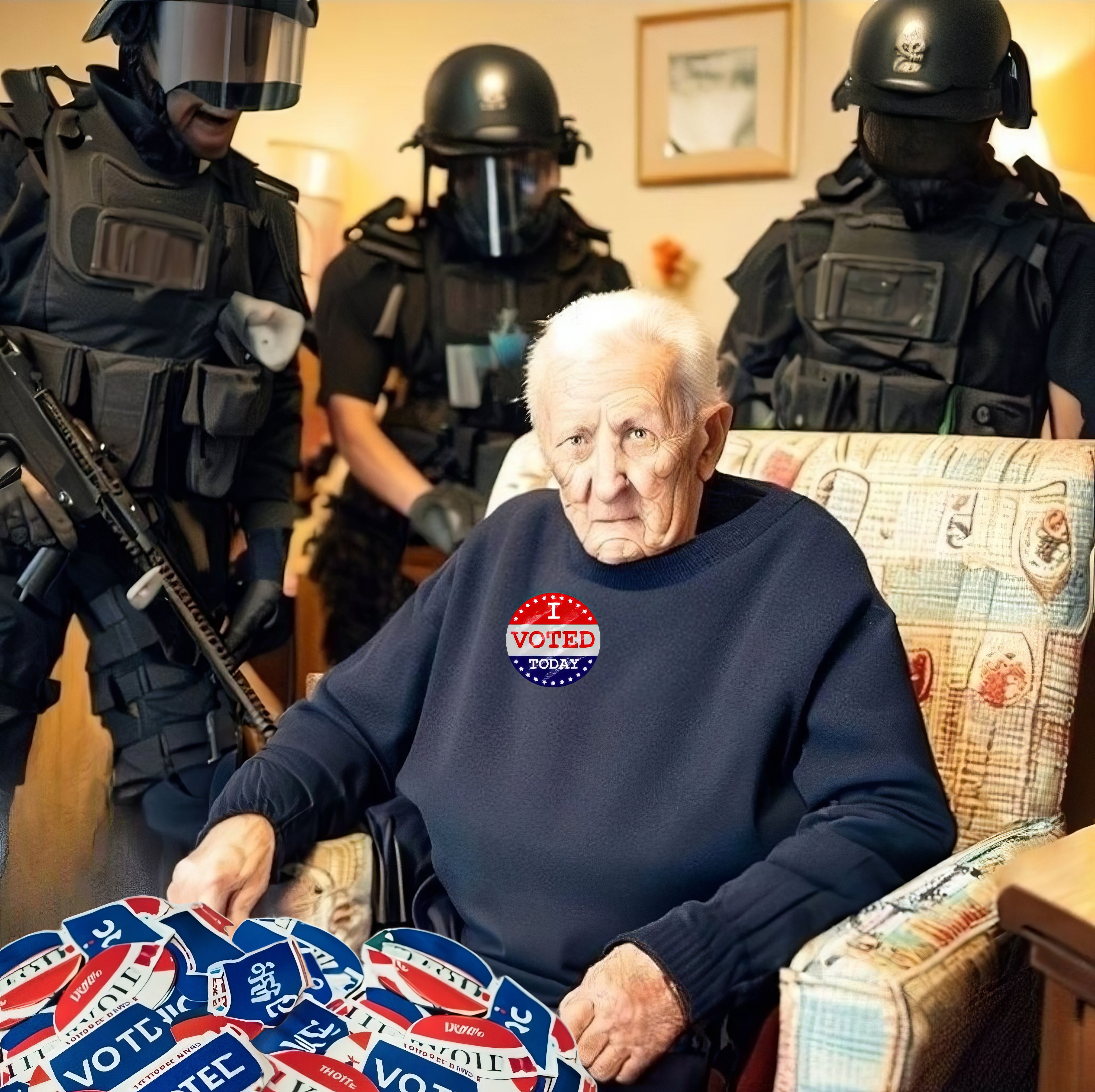 An elderly man wearing an 'I Voted' sticker is surrounded by an armed SWAT team.