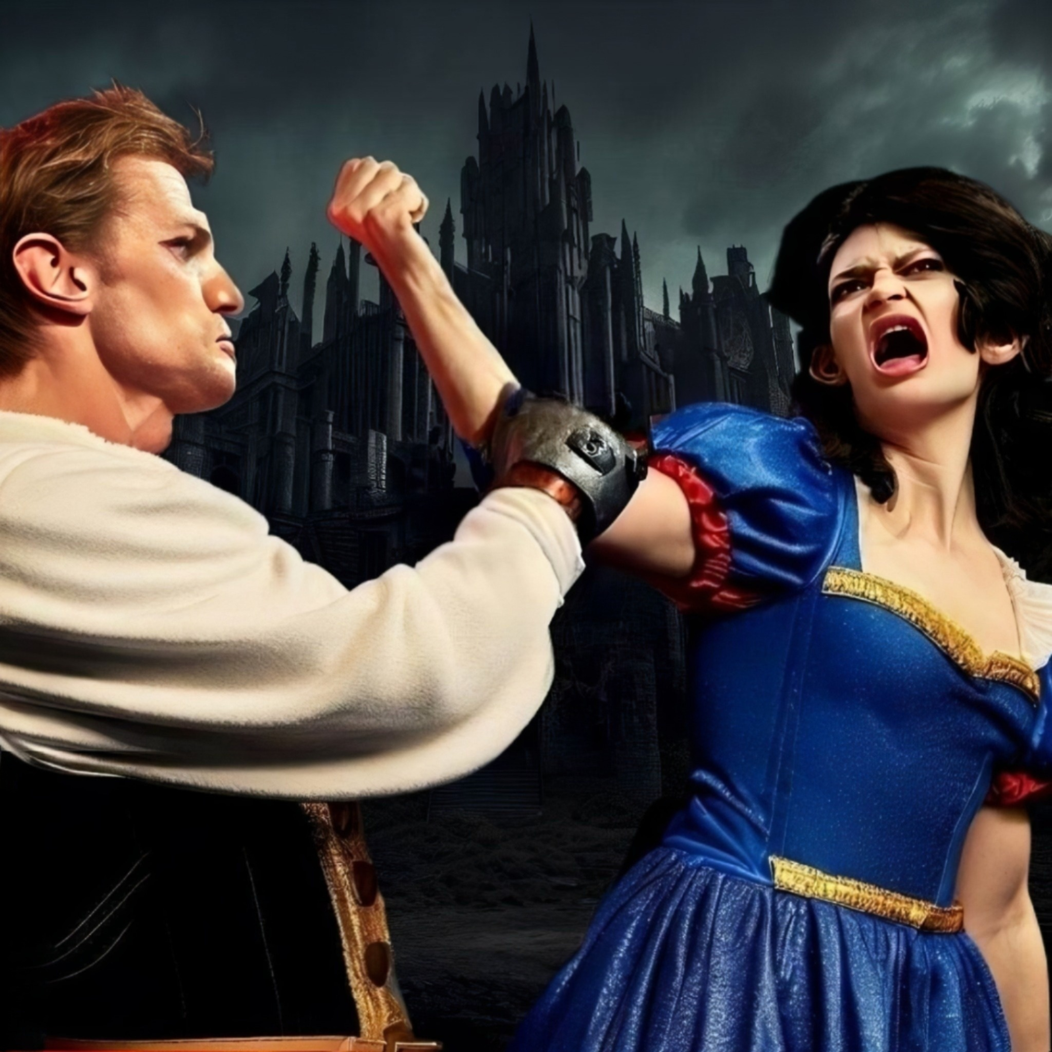 Prince Charming grabbing Snow White's arm with a medieval glove on his hand.