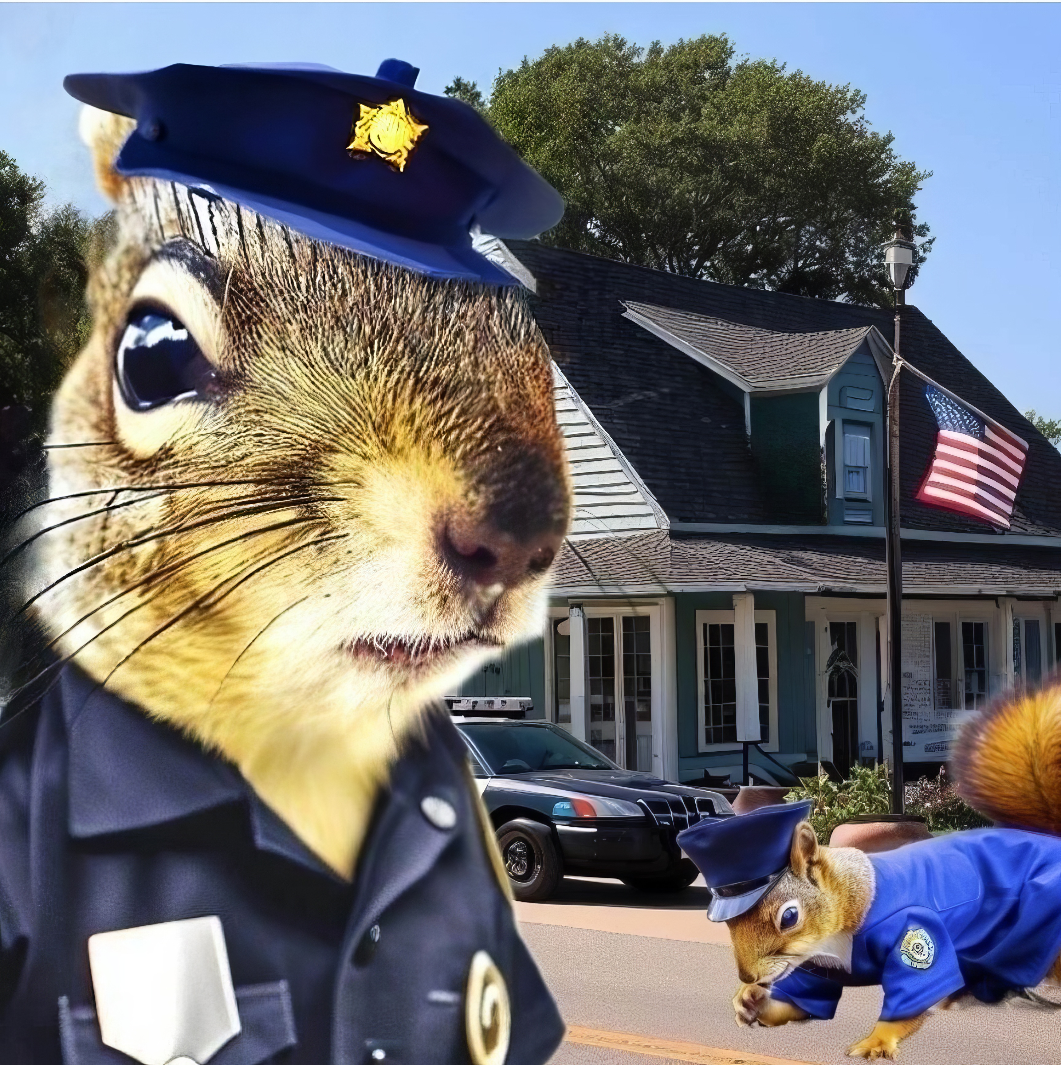 A picture of a squirrel in a police hat in front of a rural police station.