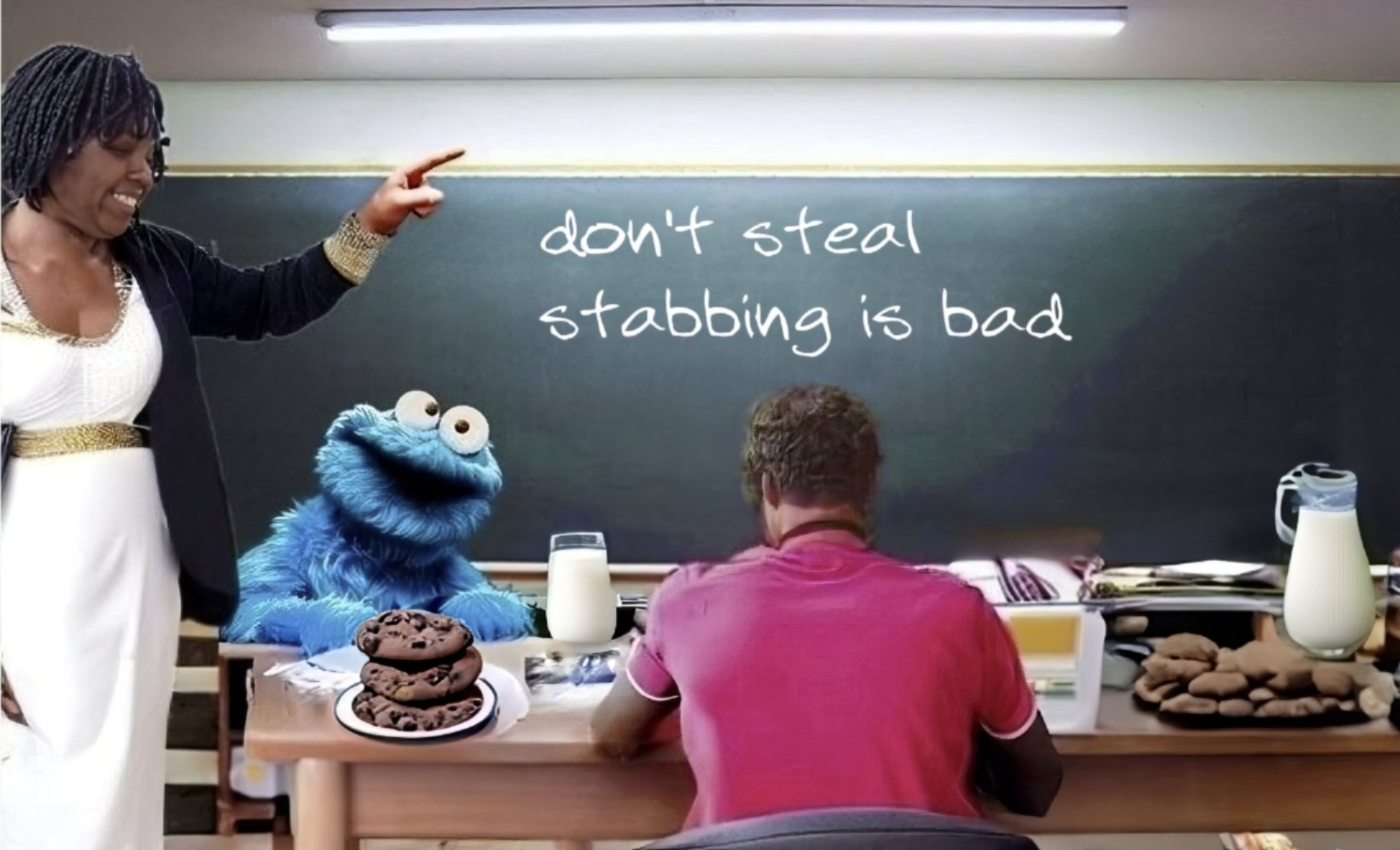 A classroom setting with a woman lecturing to Cookie Monster and a young man. A blackboard has "don't steal" and "stabbing is bad" on it.