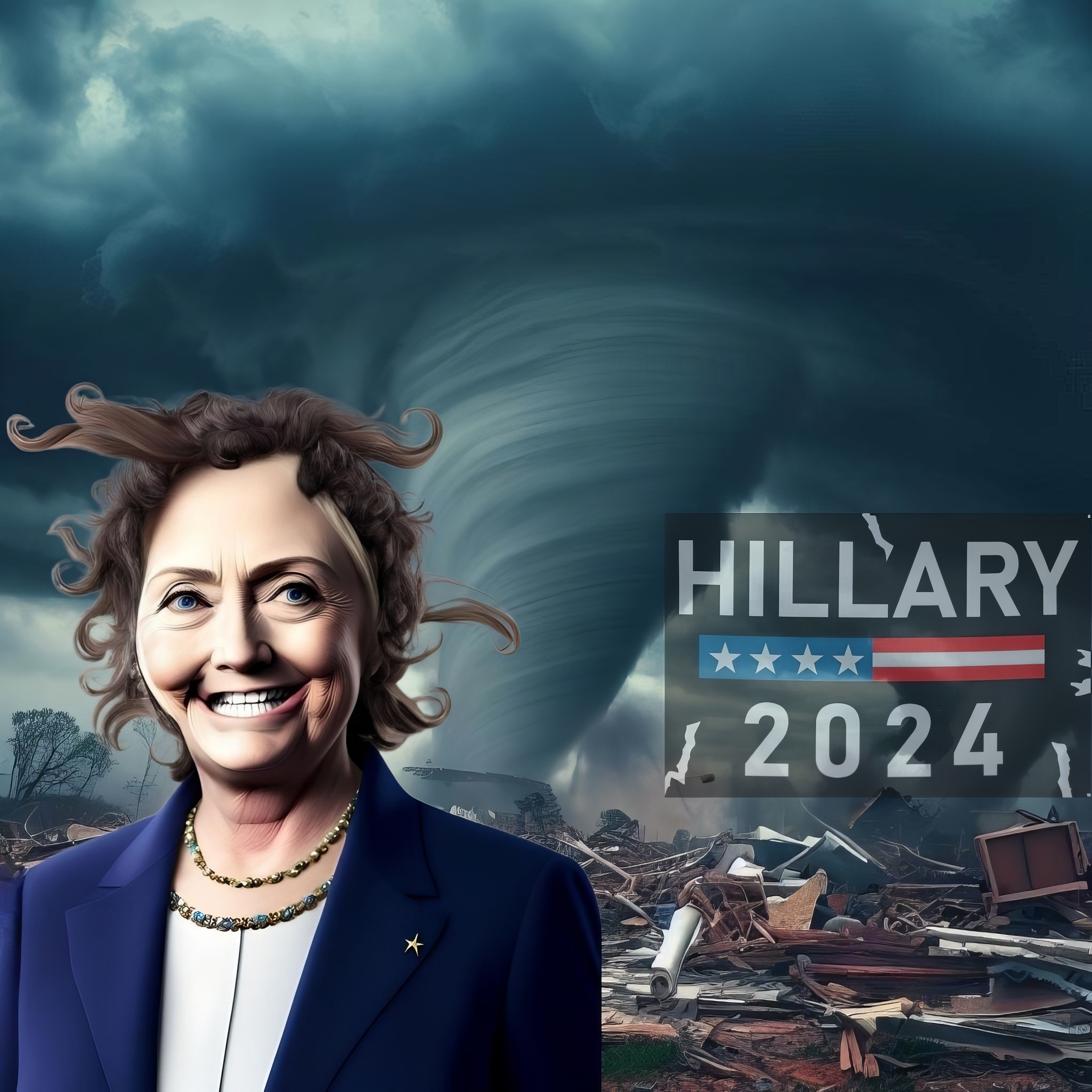 A 2024 Hillary Clinton presidential poster with hair disheveled from a hurricane in the background.