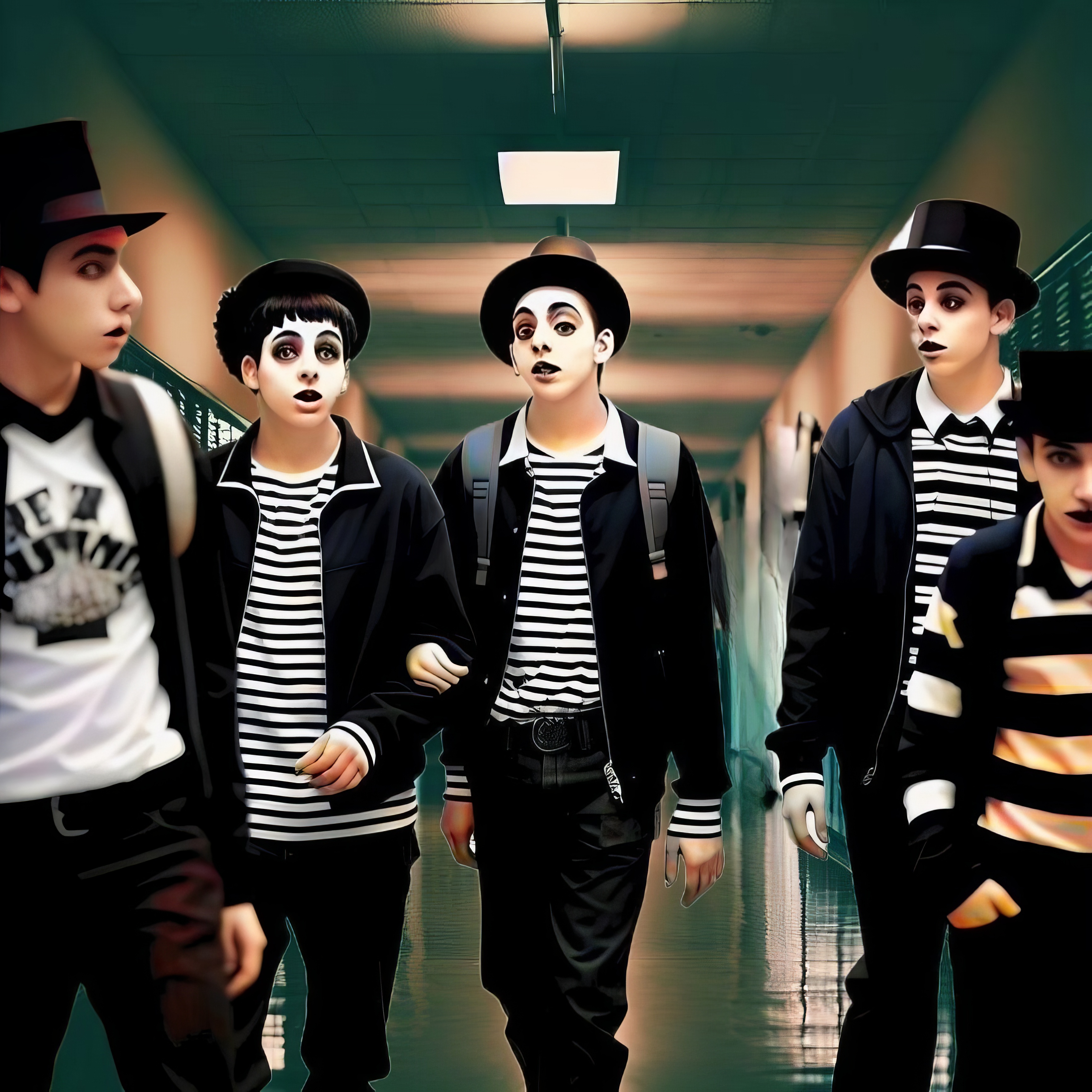 High school boys is a high school hallway dressed as mimes.