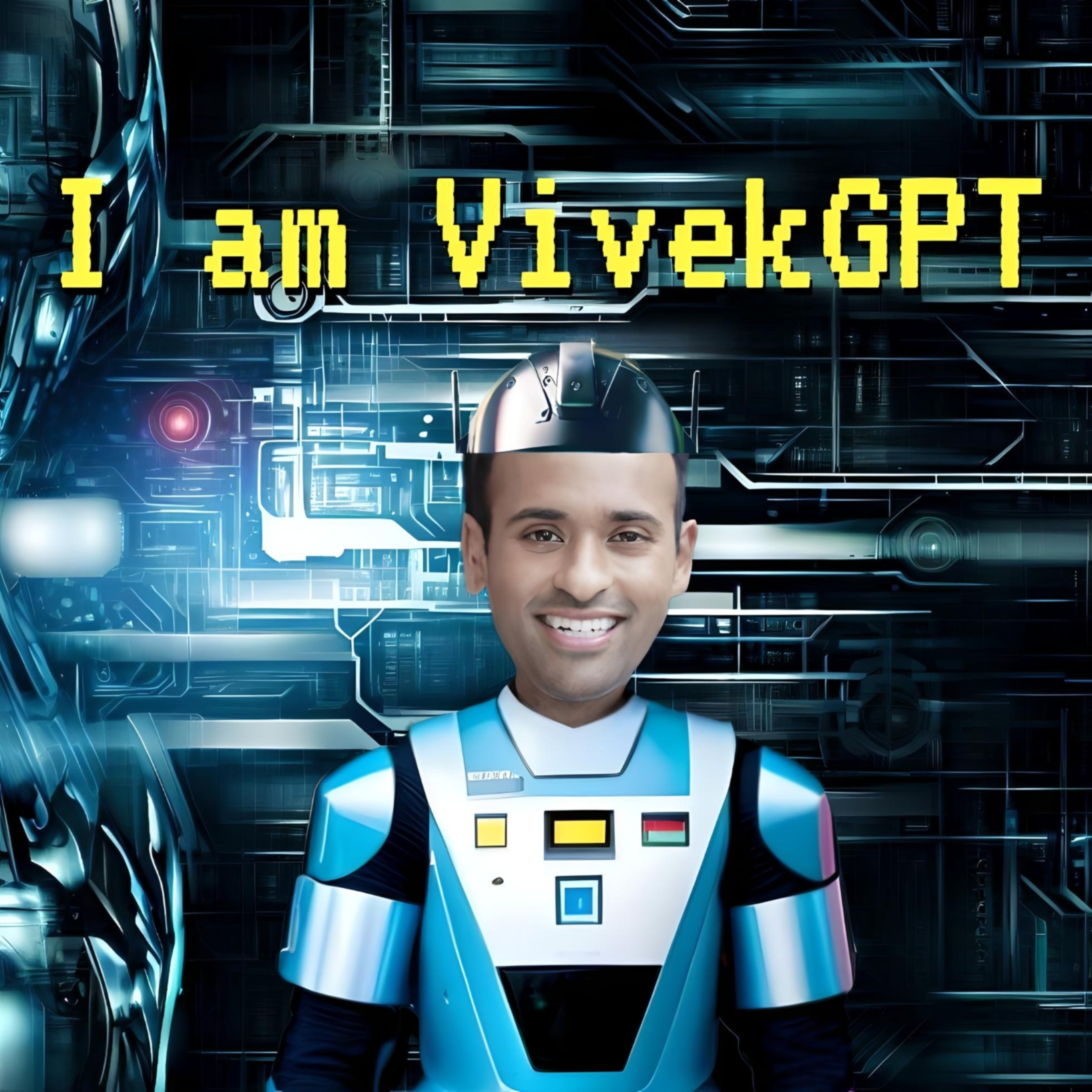 Vivek Ramaswamy as an android with text reading "I am VivekGPT".