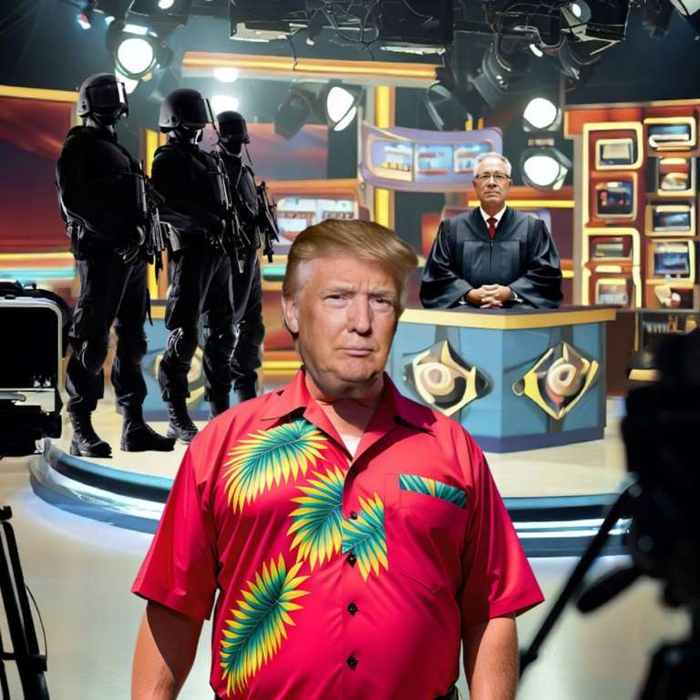 Trump wearing a Hawaiian shirt on a gameshow set, flanked by stormtrooper-like guards and a judge.